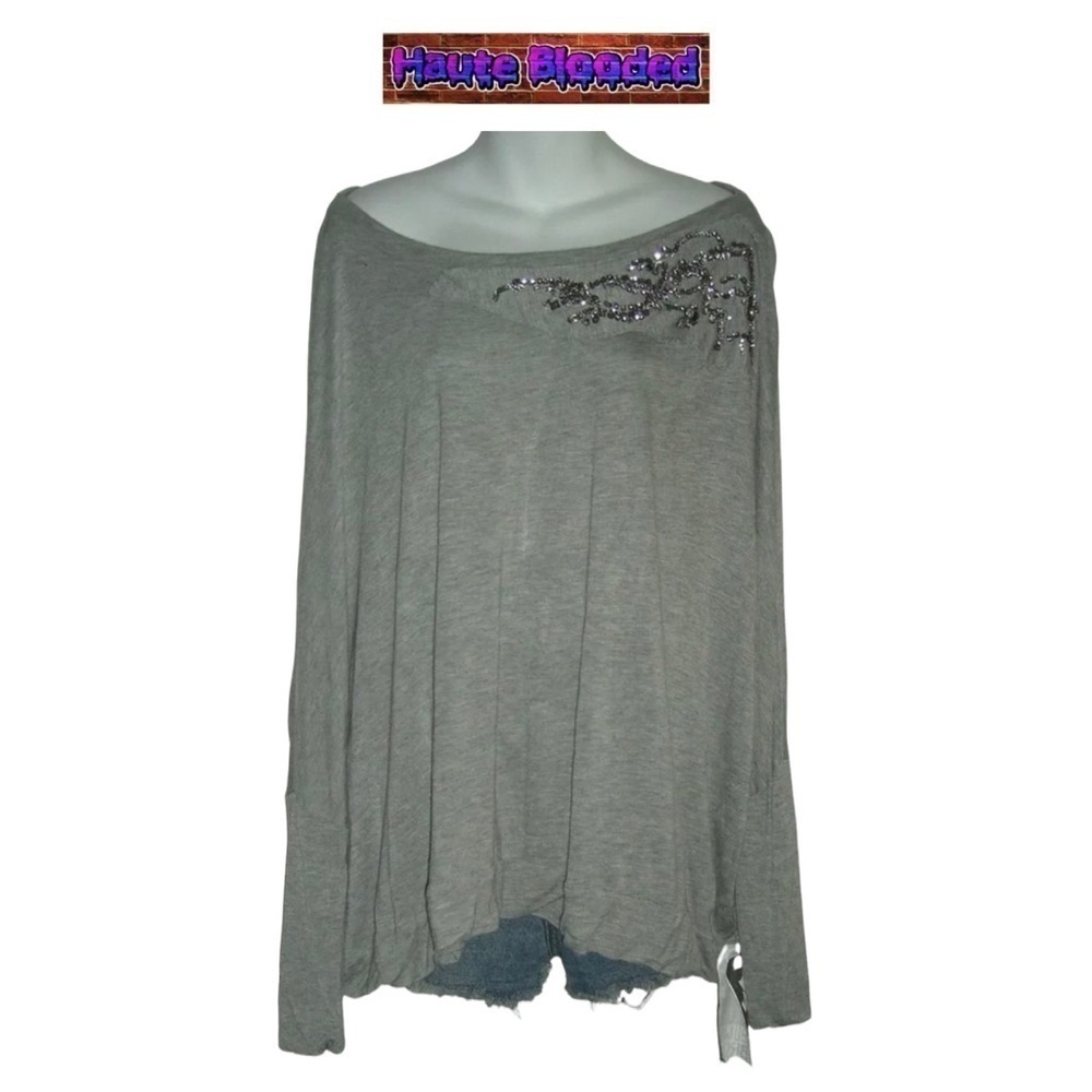 Young Fabulous & Broke Blouse Heathered Gray Jewel Neckline Bling Modal OSFA NWT
